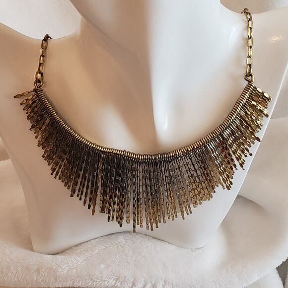 Accessorize Aztec Style Metal Bar Drop Fringe Bib Statement Necklace Gold tone - Picture 2 of 6